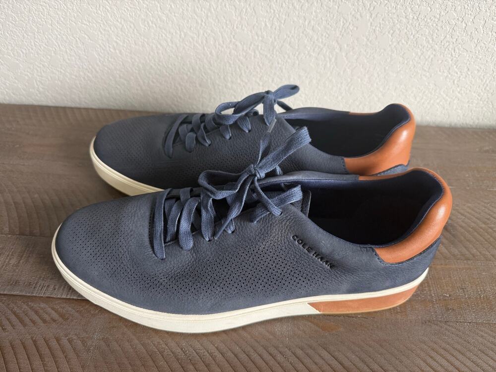 Cole Haan Grand 360 Angleace Men’s Navy Leather Sneakers Brown Trim Size 11